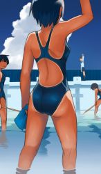 Rule 34 | 4girls, ass, black hair, blue eyes, blue hair, competition swimsuit, from behind, lvi, multiple girls, one-piece swimsuit, one-piece tan, original, short hair, swimsuit, tan, tanline