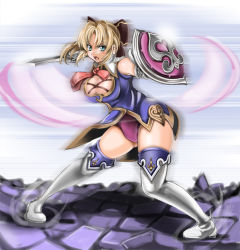 Rule 34 | 1041 (toshikazu), 1girl, armor, breasts, cassandra alexandra, cleavage, large breasts, necktie, pink necktie, solo, soul calibur, soulcalibur, soulcalibur iv, thighhighs