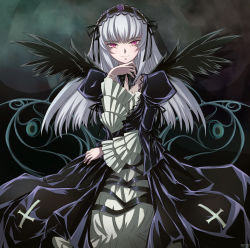 Rule 34 | 00s, 1girl, doll joints, dress, frills, hairband, joints, looking at viewer, mtyy, purple eyes, rozen maiden, silver hair, solo, suigintou, wings