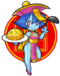 Rule 34 | 1girl, blue skin, breasts, capcom, chibi, china dress, chinese clothes, cleavage, cleavage cutout, clothing cutout, colored skin, dress, food, fried rice, full body, hat, jiangshi, ladle, leg up, lei lei, looking at viewer, nanboku, pelvic curtain, qingdai guanmao, smile, solo, vampire (game)