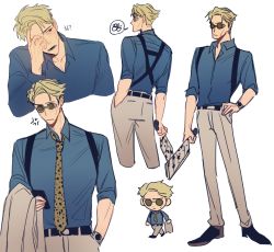 Rule 34 | 1boy, 2ck24, anger vein, animal print, back, blonde hair, blue shirt, chibi, collared shirt, cowboy shot, formal, full body, grey pants, grey suit, hand in pocket, hand on own face, highres, holding, holding weapon, jacket, unworn jacket, jujutsu kaisen, leopard print, long sleeves, lower teeth only, male focus, nanami kento, necktie, one eye closed, open mouth, pants, shirt, short hair, solo, standing, suit, suspenders, teeth, upper body, walking, watch, weapon, yellow necktie