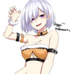 Rule 34 | 1girl, :d, arm belt, arm up, bandeau, bare shoulders, breasts, choker, claw pose, cleavage, clothing cutout, collarbone, crop top, fang, fur trim, halloween, happy halloween, highres, ichiki 1, looking at viewer, medium breasts, midriff, mole, mole under eye, mole under mouth, navel, open mouth, original, purple eyes, short hair, simple background, smile, solo, stomach, underboob, underboob cutout, upper body, white background, white hair