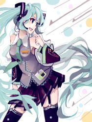 Rule 34 | 1girl, detached sleeves, digital media player, garter straps, hatsune miku, headset, ipod, long hair, mistrail, necktie, open mouth, skirt, solo, thighhighs, twintails, very long hair, vocaloid
