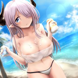 Rule 34 | 10s, 1girl, areola slip, ashfair, beach, bikini, blue eyes, breasts, cleavage, collarbone, cow girl, cow horns, draph, female focus, granblue fantasy, hair over one eye, horns, large breasts, long hair, lotion, narmaya (granblue fantasy), nature, navel, nipples, ocean, outdoors, pointy ears, purple hair, see-through, sexually suggestive, solo, standing, summer, swimsuit, wince