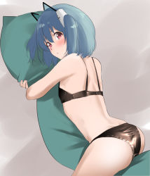 Rule 34 | 1000-chan, 1girl, ass, bare arms, bare shoulders, black bra, black panties, blue hair, blush, bra, closed mouth, commentary request, commission, highres, looking at viewer, looking back, lying, hugging object, oizumi, panties, pillow, pillow hug, pixiv commission, red eyes, short hair, solo, symbol-shaped pupils, tama (tamago), underwear, underwear only