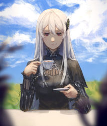 Rule 34 | 1girl, absurdres, black capelet, black dress, blue sky, blurry, blurry foreground, capelet, closed mouth, cloud, colored eyelashes, cup, dress, echidna (re:zero), hair between eyes, hair ornament, highres, holding, holding cup, long hair, long sleeves, looking at viewer, re:zero kara hajimeru isekai seikatsu, red eyes, signature, silver hair, sitting, sky, smile, solo, table, teacup, upper body, very long hair, zieru