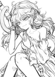 Rule 34 | 1girl, anonymous (japanese), blush, circlet, closed mouth, detached sleeves, dress, feet out of frame, greyscale, hair between eyes, long hair, monkey tail, monochrome, simple background, single-shoulder dress, single detached sleeve, solo, son biten, tail, touhou, white background