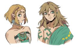 Rule 34 | 1boy, 1girl, archaic set (zelda), blonde hair, braid, closed mouth, commentary, cropped shoulders, crown braid, dress, earrings, green eyes, hair between eyes, highres, jewelry, kuropin, link, long hair, looking at viewer, necklace, nintendo, pointy ears, princess zelda, short hair, shoulder tattoo, sideways glance, simple background, strapless, strapless dress, tattoo, the legend of zelda, the legend of zelda: tears of the kingdom, tunic, white background
