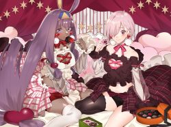 Rule 34 | 2girls, alternate costume, animal ears, bare shoulders, black legwear, blunt bangs, blush, box, breasts, brown dress, chocolate, cleavage cutout, closed mouth, clothing cutout, collarbone, curtains, dark-skinned female, dark skin, dress, earrings, eating, eyeliner, facial mark, fate/grand order, fate (series), food, frills, fruit, gift, gift box, hair between eyes, hair over one eye, heart cutout, highres, jackal ears, jewelry, large breasts, light purple hair, long hair, looking at viewer, low-tied long hair, makeup, mash kyrielight, midriff, multiple girls, navel, nitocris (fate), open mouth, pink ribbon, plaid, plaid dress, purple eyes, purple hair, red ribbon, ribbon, short hair, sino42, strawberry, thighhighs, thighs, very long hair, white dress, white legwear