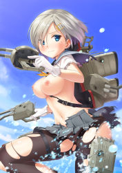 Rule 34 | 10s, 1girl, bad id, bad pixiv id, black pantyhose, blue eyes, blush, breasts, from side, gloves, hair ornament, hair over one eye, hairclip, hamakaze (kancolle), highres, kantai collection, large breasts, mecha musume, nipples, outdoors, pantyhose, sawada yuusuke, school uniform, serafuku, short hair, silver hair, skirt, solo, tears, torn clothes, torn pantyhose, white gloves
