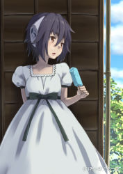 Rule 34 | 1girl, arm behind back, black hair, brown eyes, cloud, day, dress, errant, food, open mouth, outdoors, popsicle, short hair, solo, white dress