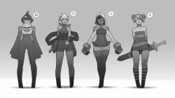 Rule 34 | 4girls, bandaid, bare shoulders, blush stickers, bodysuit, breasts, cape, choker, clenched hands, dark-skinned female, dark skin, detached sleeves, dress, eyepatch, flat chest, game console, gloves, gradient background, greyscale, gui guimaraes, highres, hood, monochrome, multiple girls, playstation 4 (personification), playstation symbols, product girl, sash, scarf, sheath, sheathed, short twintails, sleeves past wrists, small breasts, sony, speech bubble, spot color, strapless, strapless dress, sword, symbol, thigh gap, thighhighs, twintails, unitard, weapon, wide hips