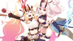 Rule 34 | 2girls, bikini, black gloves, blonde hair, blue bikini, blue fire, blue gloves, blush, breasts, candy apple, closed eyes, cotton candy, dual wielding, elbow gloves, facial mark, fate/grand order, fate (series), fingerless gloves, fire, flat chest, food, forehead, forehead mark, gloves, gradient hair, hair between eyes, highres, holding, horns, hot dog, ibaraki douji (fate), ibaraki douji (fate/grand order), ibaraki douji (swimsuit lancer) (fate), ibaraki douji (swimsuit lancer) (third ascension) (fate), izumi (snocs13), katana, long hair, medium breasts, multicolored hair, multiple girls, navel, one-piece swimsuit, oni, oni horns, open mouth, pointy ears, polearm, ponytail, red eyes, red horns, sidelocks, silver hair, simple background, skewer, smile, spear, swimsuit, sword, tomoe gozen (fate), tomoe gozen (swimsuit saber) (fate), tomoe gozen (swimsuit saber) (third ascension) (fate), twintails, very long hair, waist cape, weapon, white background, white one-piece swimsuit