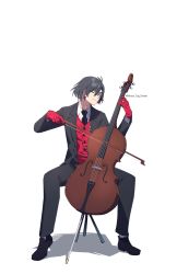 Rule 34 | 1boy, absurdres, black hair, black jacket, black necktie, black pants, black suit, cello, collared shirt, commentary, constantine xi (fate), earrings, english commentary, closed eyes, fate/grand order, fate (series), formal, full body, gloves, hair between eyes, highres, house tag denim, instrument, jacket, jewelry, male focus, music, necktie, pants, playing instrument, red gloves, red vest, shadow, shirt, short hair, simple background, sitting, smile, solo, suit, suit jacket, twitter username, vest, white background, white shirt