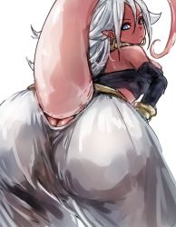 Rule 34 | 1girl, android 21, ass, black tube top, blue eyes, bracelet, clothing cutout, colored skin, dragon ball, dragon ball fighterz, earrings, from behind, highres, hoop earrings, jewelry, juju (poipoipui), looking at viewer, looking back, majin android 21, pink skin, pointy ears, solo, strapless, tail, tail through clothes, tube top, white hair