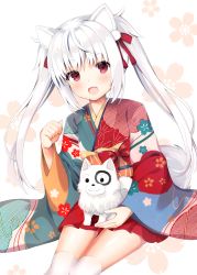 Rule 34 | 1girl, :d, animal, animal ears, bad id, bad pixiv id, blush, cat ears, commentary request, dog, fang, floral print, hair ornament, head tilt, japanese clothes, kanora, kimono, long sleeves, looking at viewer, multicolored clothes, multicolored kimono, open mouth, original, pleated skirt, print kimono, red eyes, red kimono, short kimono, sidelocks, silver hair, sitting, skirt, smile, solo, thick eyebrows, thighhighs, twintails, white background, white thighhighs, wide sleeves