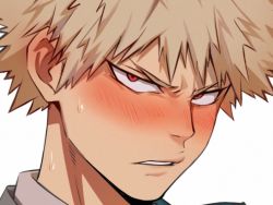 Rule 34 | 1boy, bakugou katsuki, blonde hair, blush, boku no hero academia, close-up, commentary, english commentary, keva (liltkeva), looking at viewer, male focus, parted lips, portrait, red eyes, short hair, simple background, solo, spiked hair, sweatdrop, teeth, v-shaped eyebrows, white background