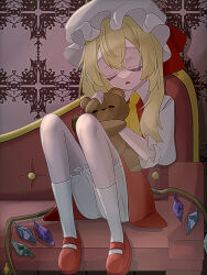 Rule 34 | 1girl, ascot, bloomers, closed eyes, couch, crystal wings, flandre scarlet, full body, hat, hat ribbon, mary janes, medium hair, mob cap, on couch, open mouth, red ribbon, ribbon, shoes, side ponytail, sleeping, sleeping upright, solo, stuffed animal, stuffed toy, teddy bear, touhou, underwear, user ymkd7372, yellow ascot