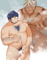 Rule 34 | 2boys, ^ ^, abs, ahoge, animal ears, arm hair, arm tattoo, bara, beard, beckoning, belly, blue hair, blush, body fur, chest hair, closed eyes, completely nude, convenient censoring, dark-skinned male, dark blue hair, dark skin, dog ears, ear blush, facial hair, fang, fat, fat man, feet out of frame, flaccid, glasses, goatee, gomeisa (live a hero), grey hair, hairy, hand on own stomach, highres, knuckle hair, kuro nezumi inu, large pectorals, leg hair, leg tattoo, live a hero, long sideburns, looking to the side, male focus, male pubic hair, mature male, multiple boys, muscular, muscular male, mustache, navel, navel hair, nipples, nude, pectorals, penis, penis grab, pouty lips, pubic hair, santetsu (live a hero), short hair, shower (place), showering, sideburns, sideways glance, size difference, standing, steam, steam censor, stomach, sweatdrop, tattoo, thick eyebrows, thick thighs, thighs, tribal tattoo, wet, wet hair, yaoi