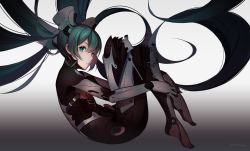 Rule 34 | 1girl, cyborg, eyelashes, floating hair, from side, full body, gradient background, green eyes, green hair, harukagi, hatsune miku, headgear, hugging own legs, long hair, looking at viewer, profile, solo, twintails, very long hair, vocaloid