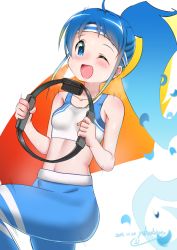 Rule 34 | 1girl, alternate hairstyle, blue eyes, blue hair, blush, breasts, dated, energy hair, glowing, glowing hair, headband, holding, joy-con, kantai collection, leg up, long hair, nintendo switch, one eye closed, open mouth, pants, ponytail, ring-con, ring fit adventure, samidare (kancolle), signature, small breasts, solo, sports bra, sweat, swept bangs, yoga pants, yokoshima (euphoria)