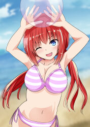 Rule 34 | 1girl, ;d, absurdres, arms up, ball, bare arms, beach, beachball, bikini, blue eyes, blurry, blurry background, breasts, cleavage, collarbone, commentary request, day, eyelashes, fang, gabriel dropout, hair between eyes, head tilt, highres, holding, holding ball, holding beachball, izuminomitsuba, large breasts, long hair, looking up, low twintails, medium breasts, navel, ocean, one eye closed, open mouth, outdoors, purple bikini, red hair, satanichia kurumizawa mcdowell, side-tie bikini bottom, sidelocks, smile, solo, standing, striped bikini, striped clothes, swimsuit, twintails, upper body, upturned eyes, v-shaped eyebrows, very long hair