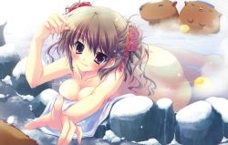 Rule 34 | 1girl, :3, = =, absurdres, back, blush, breast press, breasts, brown eyes, brown hair, capybara, cleavage, copyright request, flower, hair flower, hair ornament, highres, izumi tsubasu, looking at viewer, lying, medium breasts, nude, onsen, outdoors, pointing, rose, scan, smile, snow, solo, submerged, towel, twintails, water, wavy hair, wet