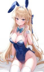 Rule 34 | 1girl, absurdres, animal ears, blonde hair, blue archive, blue bow, blue bowtie, blue eyes, bow, bowtie, braid, breasts, cleavage, detached sleeves, fake animal ears, french braid, hair bow, highleg, highleg leotard, highres, kerze, large breasts, leotard, looking at viewer, official alternate costume, official alternate hairstyle, rabbit ears, solo, thighhighs, toki (blue archive), toki (bunny) (blue archive), white thighhighs