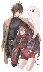 Rule 34 | 1boy, 1girl, absurdres, alternate costume, breasts, brown hair, coat, contemporary, flower-shaped pupils, genshin impact, ghost, glasses, gloves, hair between eyes, hand on own hip, hat, hat ornament, high-waist shorts, highres, hu tao (genshin impact), long hair, looking at viewer, orange eyes, pottsness, red eyes, shared clothes, shared coat, shiny clothes, shiny skin, short shorts, shorts, simple background, small breasts, smile, symbol-shaped pupils, thighs, trench coat, twintails, under another&#039;s clothes, very long hair, white background, zhongli (genshin impact)