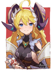 Rule 34 | 1girl, ahoge, artist name, blonde hair, blue eyes, breasts, dated, dragalia lost, fake horns, gift, hair ornament, holding, holding gift, horns, long hair, looking at viewer, punished pigeon, sideboob, smile, solo, zena (dragalia lost)
