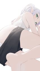 Rule 34 | 1girl, barefoot, black shorts, camisole, clothes pull, commentary, elf, frieren, from behind, green eyes, grey hair, highres, hiroki (yyqw7151), legs, long hair, looking at viewer, panties, pointy ears, shorts, shorts pull, simple background, solo, sousou no frieren, twintails, underwear, white background, white camisole, white panties