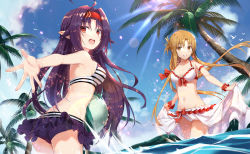 Rule 34 | 2girls, :d, alternate breast size, asuna (sao), ball, bare arms, bare shoulders, beachball, bikini, blue sky, blush, breasts, brown hair, cleavage, cloud, cloudy sky, commentary request, day, gabiran, grin, hair between eyes, lens flare, light rays, long hair, looking at viewer, looking back, medium breasts, multiple girls, navel, open mouth, outdoors, outstretched arm, outstretched hand, palm tree, parted bangs, parted lips, pointy ears, purple hair, red eyes, red scrunchie, scrunchie, sky, smile, standing, striped bikini, striped clothes, sunbeam, sunlight, swimsuit, sword art online, thighs, tree, very long hair, wading, water, white bikini, wrist scrunchie, yuuki (sao)