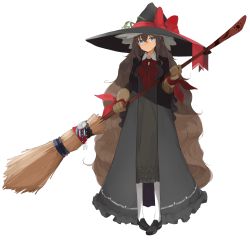Rule 34 | 1girl, black dress, blue eyes, bow, bowtie, broom, brown gloves, brown hair, coat, dress, full body, gloves, hat, hat bow, highres, lizard, long hair, looking at viewer, miruto netsuki, open clothes, open coat, original, simple background, solo, very long hair, white background, witch, witch hat