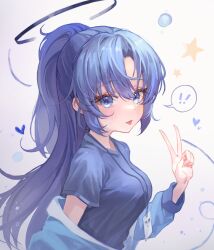 Rule 34 | !, !!, 1girl, blue archive, blue eyes, blue shirt, blush, breasts, commentary request, dano, hair between eyes, halo, heart, highres, id card, lanyard, long hair, mechanical halo, medium breasts, official alternate costume, ponytail, purple hair, shirt, short sleeves, solo, spoken exclamation mark, star (symbol), tongue, tongue out, upper body, v, yuuka (blue archive), yuuka (track) (blue archive)