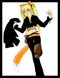 Rule 34 | 1girl, animal ears, bag, bell-bottoms, black jacket, black pants, black shirt, blonde hair, blue eyes, breasts, collarbone, facial mark, facing viewer, fake animal ears, fake tail, fishnet top, fishnets, fox ears, fox tail, front-tie shirt, full body, genderswap, genderswap (mtf), hair between eyes, hands up, holding, holding clothes, holding jacket, holding jewelry, holding necklace, holding pendant, jacket, jewelry, leg up, long hair, looking at viewer, medium breasts, midriff, naruko (naruto), naruto, naruto (series), navel, necklace, open mouth, outside border, pants, pendant, pouch, shirt, shoes, simple background, solo, standing, standing on one leg, stomach, tail, twinfin666, twintails, uzumaki naruto, whisker markings, whiskers, white background