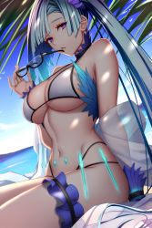 Rule 34 | 1girl, bare shoulders, beach, bikini, blue sky, blunt bangs, breasts, bridal garter, brynhildr (fate), brynhildr (swimsuit berserker) (fate), brynhildr (swimsuit berserker) (first ascension) (fate), cleavage, commentary request, day, dydydyok, fate/grand order, fate (series), glasses, highres, large breasts, long hair, looking at viewer, navel, palm tree, parted lips, purple eyes, purple scrunchie, scrunchie, side ponytail, silver hair, sitting, sky, stomach, swimsuit, thighs, tree, very long hair, white bikini