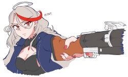 Rule 34 | 1girl, ahoge, aiming, breasts, character name, cleavage, cleavage cutout, clothing cutout, commentary request, earrings, girls&#039; frontline, grenade launcher, grey hair, gun, hair between eyes, highres, holding, holding gun, holding weapon, jacket, jewelry, kuroketto, long hair, looking at viewer, m1887 (girls&#039; frontline), m79, medium breasts, multicolored hair, nail polish, red eyes, red hair, red nails, simple background, solo, streaked hair, terminator (series), terminator 2: judgment day, upper body, weapon, white background