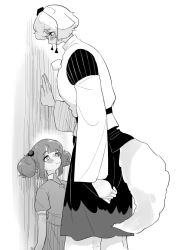 Rule 34 | 2girls, against wall, age difference, blush, child, closed mouth, cowboy shot, frogsnake, from side, greyscale, hand on own hip, hat, height difference, inubashiri momiji, jewelry, kabedon, kawashiro nitori, key, key necklace, looking at another, medium hair, medium skirt, monochrome, multiple girls, necklace, onee-loli, pom pom (clothes), puffy short sleeves, puffy sleeves, shirt, short hair, short sleeves, sidelocks, simple background, size difference, skirt, standing, tail, tall female, tokin hat, touhou, twintails, white background, wolf girl, wolf tail, yuri