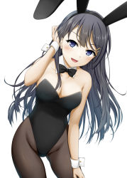 Rule 34 | 1girl, adjusting hair, animal ears, bare shoulders, black bow, black bowtie, black hair, black leotard, black pantyhose, blue eyes, blush, bow, bowtie, breasts, cleavage, collarbone, commentary request, detached collar, fake animal ears, hair between eyes, hair ornament, hairclip, highres, leotard, long hair, looking at viewer, medium breasts, open mouth, pantyhose, playboy bunny, rabbit ears, sakurajima mai, seishun buta yarou, sidelocks, simple background, solo, suzume miku, white background, wrist cuffs