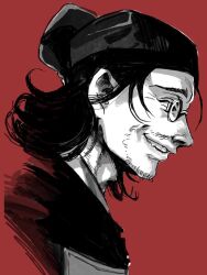Rule 34 | 1boy, chinese clothes, facial hair, flipped hair, from side, futou, glasses, greyscale with colored background, grin, hat, kowaketa, kusuriya no hitorigoto, lakan (kusuriya no hitorigoto), male focus, mustache stubble, portrait, profile, red background, short hair, simple background, smile, solo, stubble