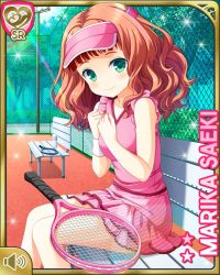 Rule 34 | 1girl, bench, character name, closed mouth, dress, girlfriend (kari), green eyes, hands on own chest, hat, long hair, looking at viewer, official art, open mouth, outdoors, pink dress, qp:flapper, racket, red hair, saeki marika, sitting, smile, solo, sportswear, tennis, tennis court, tennis racket, tennis uniform, tree, visor cap