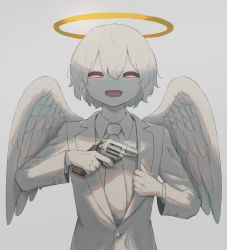 Rule 34 | 1other, absurdres, androgynous, angel, angel wings, avogado6, concealed weapon, false smile, formal, gun, half-closed eyes, halo, handgun, highres, muted color, necktie, original, red eyes, revolver, short hair, smile, solo, suit, upper body, weapon, white hair, wings