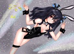 Rule 34 | animal ears, armpits, bare shoulders, black hair, bodysuit, bow, breasts, cleavage, collar, cuffs, hair ornament, hairclip, leotard, long hair, neptune (series), rabbit ears, red eyes, shaah candidate, small breasts, thighhighs, thighs, twintails, two side up, uni (neptunia)