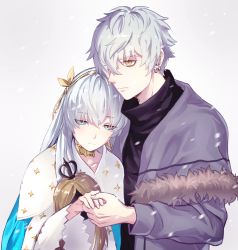 Rule 34 | 1boy, 1girl, anastasia (fate), bad id, bad pixiv id, blue eyes, cape, crown, doll, dress, fate/grand order, fate (series), fur trim, hair over one eye, hairband, highres, holding, holding hands, jacket, jewelry, kadoc zemlupus, long hair, loon 7774, mini crown, ribbon, royal robe, very long hair, white hair, yellow eyes