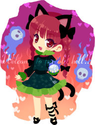 Rule 34 | 1girl, animal ears, braid, cat ears, cat girl, cat tail, chibi, english text, fang, female focus, full body, gradient background, hair ribbon, kaenbyou rin, lowres, mochiya marosuke, multiple tails, red eyes, red hair, ribbon, short hair, skull, solo, standing, tail, touhou, twin braids, twintails