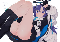Rule 34 | 1girl, ass, black footwear, black gloves, black skirt, blue archive, character name, copyright name, gloves, hair between eyes, halo, highres, jacket, legs up, long hair, long sleeves, mechanical halo, mishima hiroji, necktie, open clothes, open jacket, open mouth, purple eyes, purple hair, simple background, skirt, solo, white background, yuuka (blue archive)