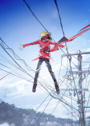 Rule 34 | 1boy, black footwear, blue sky, brown hair, cable, clear sky, facing away, forest, grey pants, jacket, midair, moribuden, nature, open clothes, open jacket, outdoors, outstretched arms, pants, popped collar, red jacket, sky, tree, utility pole, wind, wire, yu-gi-oh!, yu-gi-oh! gx, yuki judai