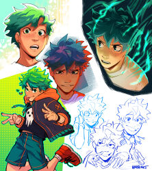 Rule 34 | 1boy, black jacket, black shirt, boku no hero academia, closed mouth, commentary, double v, drawstring, electricity, english commentary, freckles, full cowling (boku no hero academia), green eyes, green hair, green shorts, habkart, hand on own neck, heart, highres, hood, hood down, hooded jacket, jacket, looking at viewer, making-of available, male focus, midoriya izuku, multiple views, open clothes, open jacket, open mouth, red footwear, shirt, shoes, short hair, shorts, smile, tongue, tongue out, v, white background
