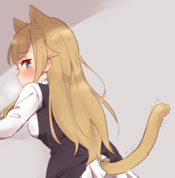 Rule 34 | 1girl, animal ears, bad id, bad pixiv id, black dress, blonde hair, blue eyes, blush, breasts, cat ears, cat girl, cat tail, covered mouth, dress, from behind, grey background, hair flaps, long hair, looking at viewer, looking back, medium breasts, princess (princess principal), princess principal, profile, school uniform, shirt, solo, sorimachi-doufu, sweat, tail, trembling, very long hair, white shirt
