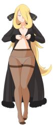 Rule 34 | 1girl, absurdres, black coat, blonde hair, breasts, brown pantyhose, caisamax, closed mouth, coat, collarbone, commentary, creatures (company), cynthia (pokemon), eyelashes, feet, full body, fur-trimmed coat, fur trim, game freak, hair ornament, hair over one eye, highres, holding, light frown, long hair, navel, nintendo, no bra, open clothes, panties, pantyhose, pokemon, pokemon dppt, simple background, solo, thighband pantyhose, toes, transparent background, underwear, very long hair, white background, white panties, yellow eyes